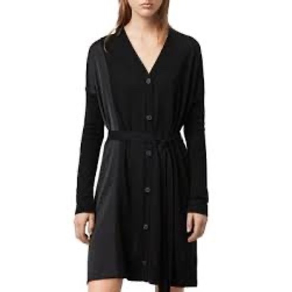 AllSaints Iva Dress Black Merino Wool Mixed Media Cardigan Sweater Dress Small